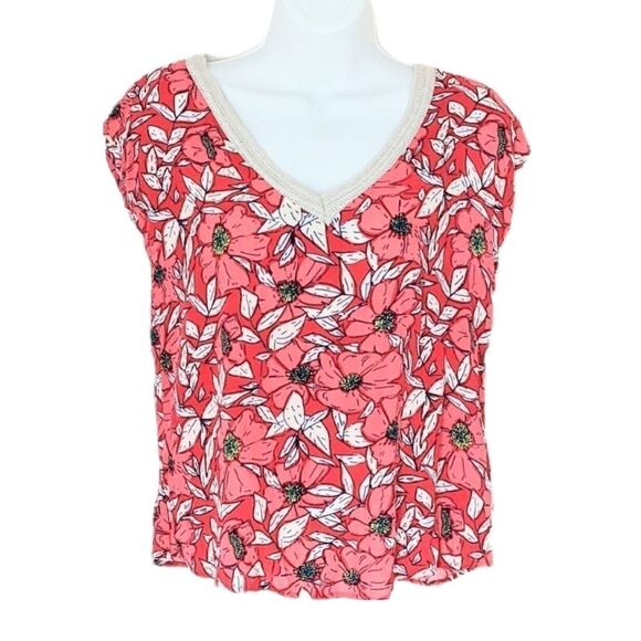 Goa COLLECTION viscose pink red floral v neck shirt Small K1 - Picture 1 of 9